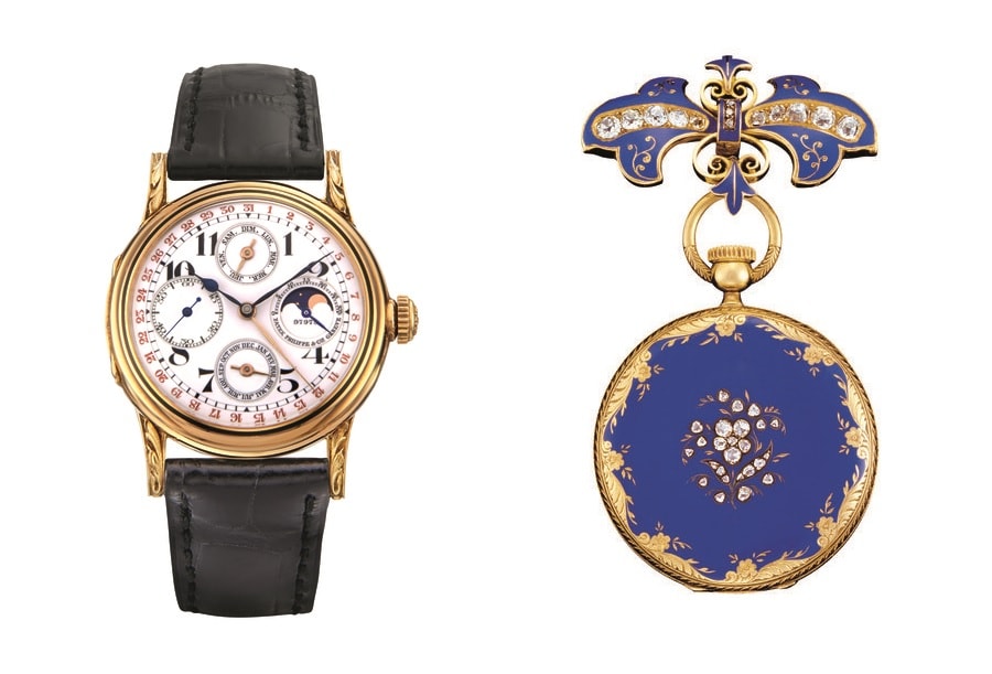 （左）最初の永久カレンダー搭載腕時計（No.97 975）パテック・フィリップ・ミュージアム蔵、1925年製作、（右）ヴィクトリア女王に献上されたペンダント・ウォッチ（Inv.P24）パテック・フィリップ・ミュージアム蔵、1850～1851年製作。