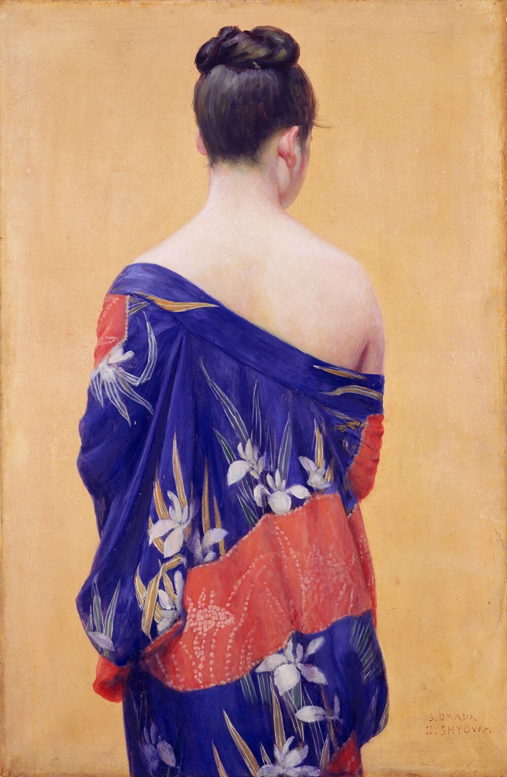 【岡田三郎助の《あやめの衣》1927年】岡田三郎助はフランスに留学して西洋の油絵を学び、日本的な美との融合を試みた画家。ポーラ美術館収蔵の日本の絵画の代表作。