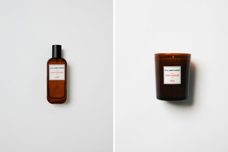 写真左から、ルームフレグランス スプレー #213 RUE SAINT-HONORE AIR 50ml 9,900円、キャンドル #213 RUE SAINT-HONORE AIR 190g 9,900円。