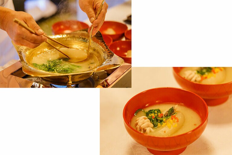 お椀は真鱈の白味噌仕立て。料理長の菊地 剛さん自ら仕上げてくれた。白子もぷりっぷりでとろとろ。