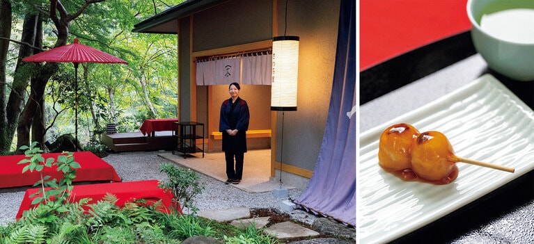 左：中庭に新設された「さわ茶屋」は、東海道の難所として知られた箱根路で旅人の疲れを癒した茶屋のイメージ。右：温かいお茶と団子の振る舞いに、ホッとひと息。