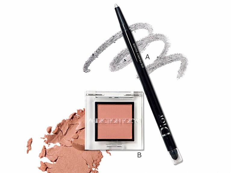 A なめらかな描き心地の、上品で繊細なパーリーシルバー。ディオールショウ 24H スティロ ウォータープルーフ 076 3,000円／パルファン・クリスチャン・ディオール、B 肌に均一にフィットする、ふんわりピンクベージュ。ザ アイシャドウ マット 012M 2,000円／アディクション ビューティ