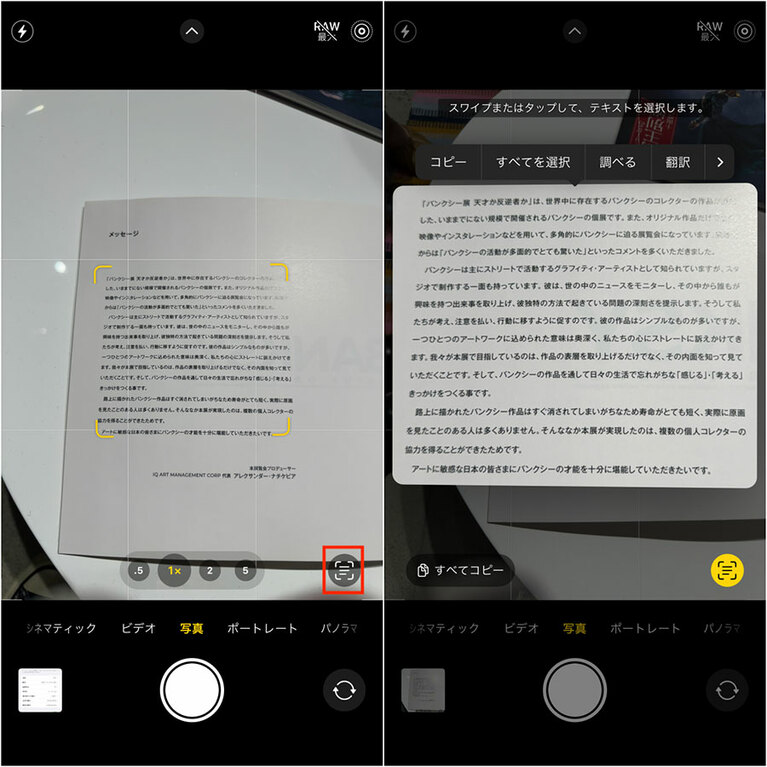 テキスト部分にフォーカスするとインジケーターが表示される。右下の四角いマークをタップするとテキストを読み込み、文字をコピーできる。