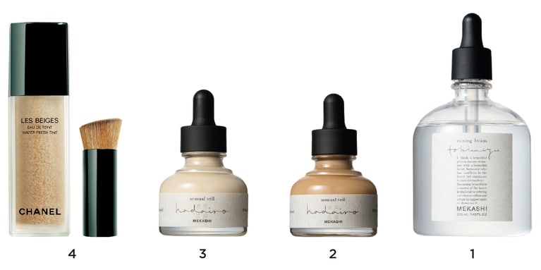 ​1・2・3　素肌を殺さず肌を美しく見せる「虚実皮膜」を求め、「MEKASHI」を開発したUDAさん。「hadairo」（2 Dark Natural・3 Light Natural）を混ぜ、「tokimizu」（1）で希釈し、好きな濃度と色を自在につくることができる。（今夏発売予定）
4　75%が水分のジェルに、ファンデを抱えたバブルが浮かぶフォーミュラ。「hadairo」に近い肌をつくることができる。レ ベージュ オー ドゥ タン 全3色 30mL 10,230円（ブラシ付き）／シャネル