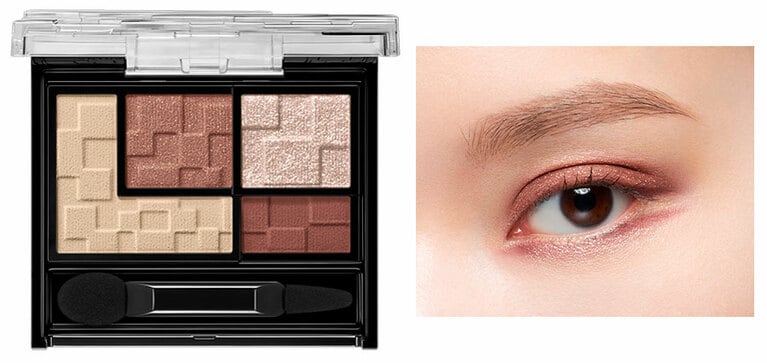 ケイト　バーチャルアイズメイカー RD-1 ヨカン。ホワイトに近い柔らかい生成りベージュと、ゴールドラメの効いた赤味ブラウン、偏光で多色ラメの効いた、暖色を感じるラメ、そして赤土のようなブラウンの4色。