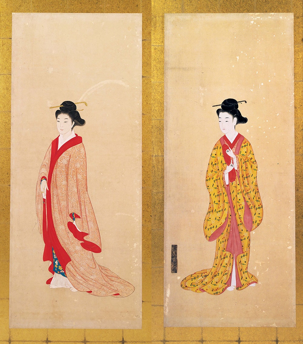 19世紀に制作された《琉球美人画》(首里城公園蔵)。中国大陸の漢服や日本の本土の着物の影響を受けながら琉球王国時代に発展した「琉装」は、気候に合わせゆったりと風通しの良いつくりだった。