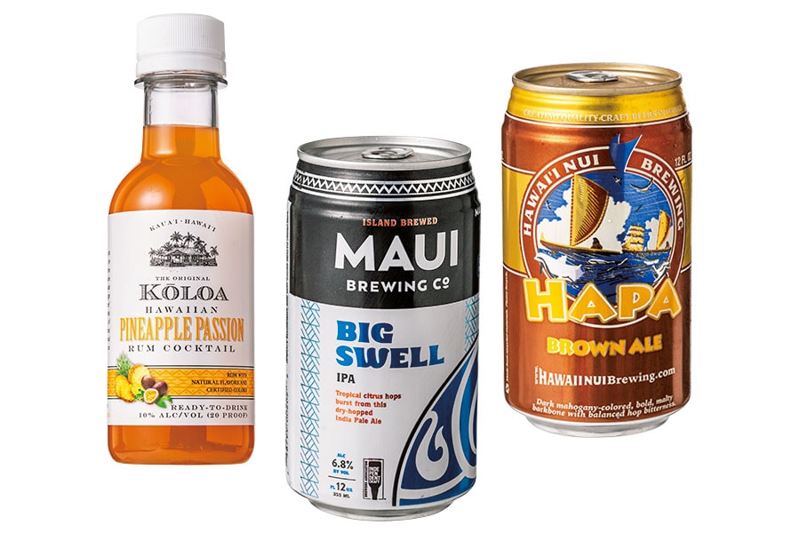 ［Alcohol］左：実はアルコール度10％(！)のラムカクテル 5.49ドル／Foodland Farms 中：人気のマウイ・ブリューイングも缶あり。IPA 2.69ドル／Whole Foods Market 右：年々盛り上がるハワイのクラフトビール。ハワイ島のハワイヌイ・ブリューイングのブラウンエール 2.69ドル／Whole Foods Market