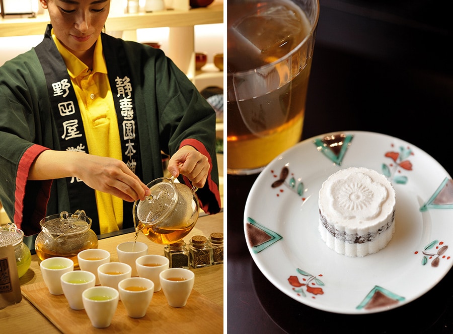 左：加賀棒茶を飲み比べる〈いいじな棒茶の飲み比べ体験〉は毎日夕方から開催（参加無料）。右：伝統のお菓子作りに挑戦。出来上がった瞬間、誰もが感激の〈生らくがん作り体験〉1名 1,000円。