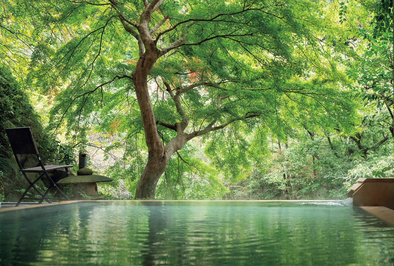 大浴場は一枚絵のような景色を望む半露天風呂。どんな季節に来ても絵になるに違いない。