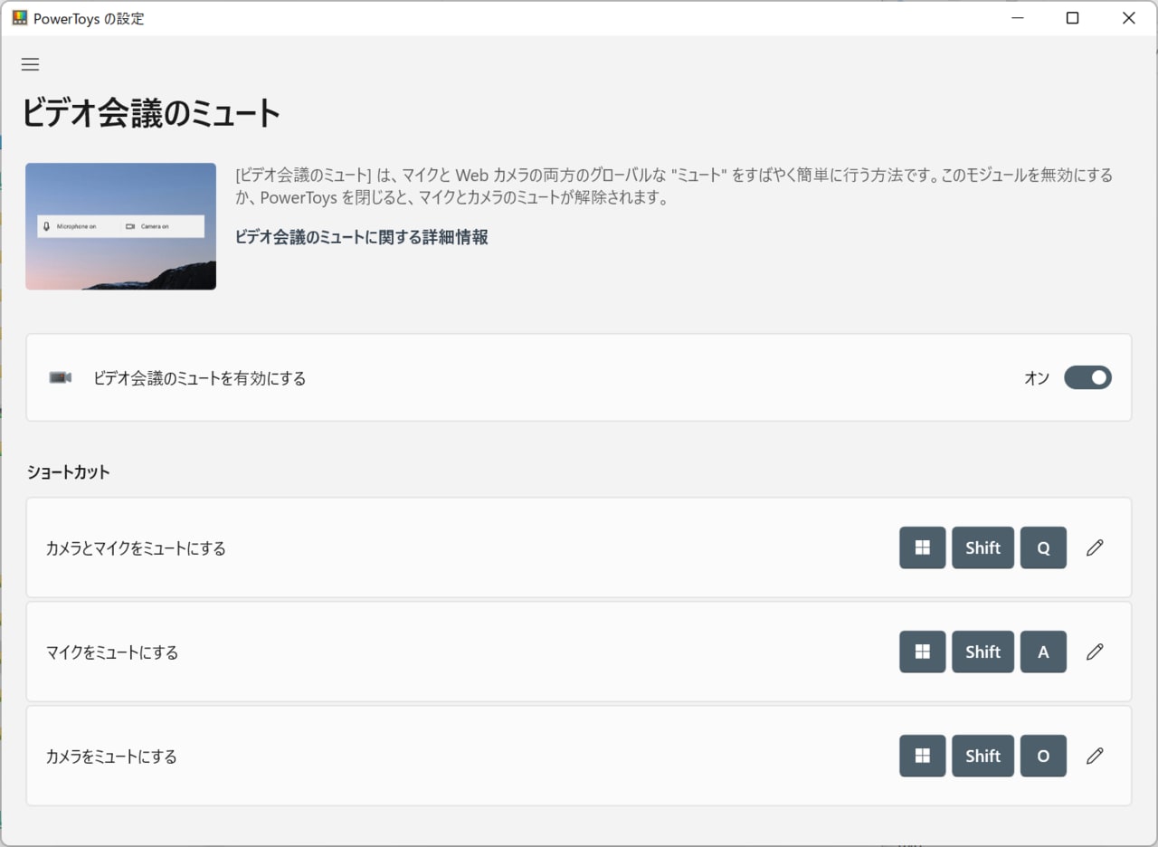 オンにしておくことで「カメラ」「マイク」が自動的にミュート状態になるほか、ショートカットでの操作も可能になります
