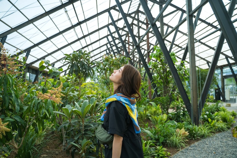 広大な敷地は、「温室」「外庭」「公園と畑」の3エリアで構成。温室ではアジアの観葉植物、外庭では季節の植物が並ぶ。
