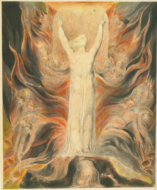 神や天使の筋肉質な肉体、複雑なポーズの描写は、ミケランジェロの影響を受けている。 ウィリアム・ブレイク「石板に十戒を記す神」　1805年頃　インク、水彩、鉛筆、鉄筆の下書き・紙　スコットランド国立美術館蔵