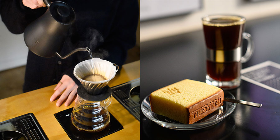 左：華やかな香りが漂う。右：ドリップコーヒー W9,000と近所の「ANNIV」とコラボしたカステラ W3,800。
