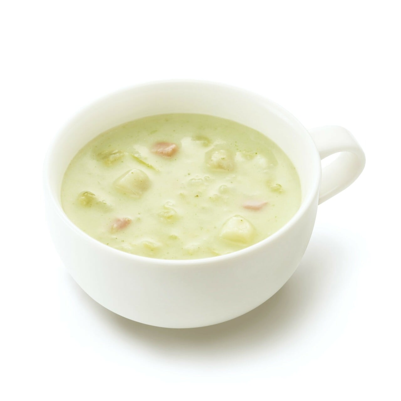 「アボカドバーガー」のお供には「ブロッコリーとじゃがいものポタージュ」がおすすめ。ほっこり暖まりたいこの季節ならではのポタージュスープに触感が楽しめるブロッコリーの茎分部を活用。ソテーしたショルダーベーコンの香ばしさが次の一口を誘う。380円。