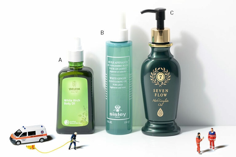 A：ブランドNo.1の人気オイル。引き締め感を高め、マッサージ後はすっきり。ホワイトバーチ ボディオイル 100mL 3,800円／ヴェレダ・ジャパン B：老廃物の排泄を促し、美しいラインに整える脚専用ジェルオイル。濃厚なテクスチャーで、マッサージもしやすい。WG コントアリング オイル フォー レッグ 150mL 18,000円／シスレージャパン C：巡りを高める植物成分を贅沢配合。スパイシーハーブの香り。セブンフロー ハーブサーキュレイトオイル　150mL 6,500円／美・ファイン研究所