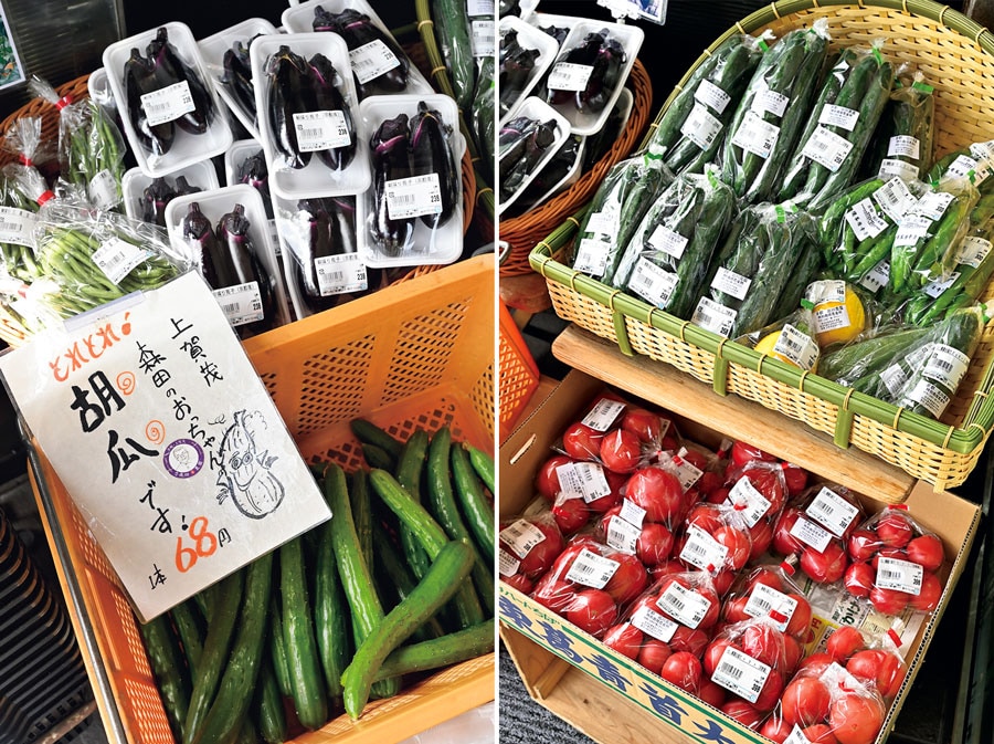 地元京都の新鮮野菜や上質食材が目白押し。左：採れたて直送のキュウリ。バイヤーが自信を持ってすすめる商品ばかり。右：京都・京北町の新鮮な野菜。