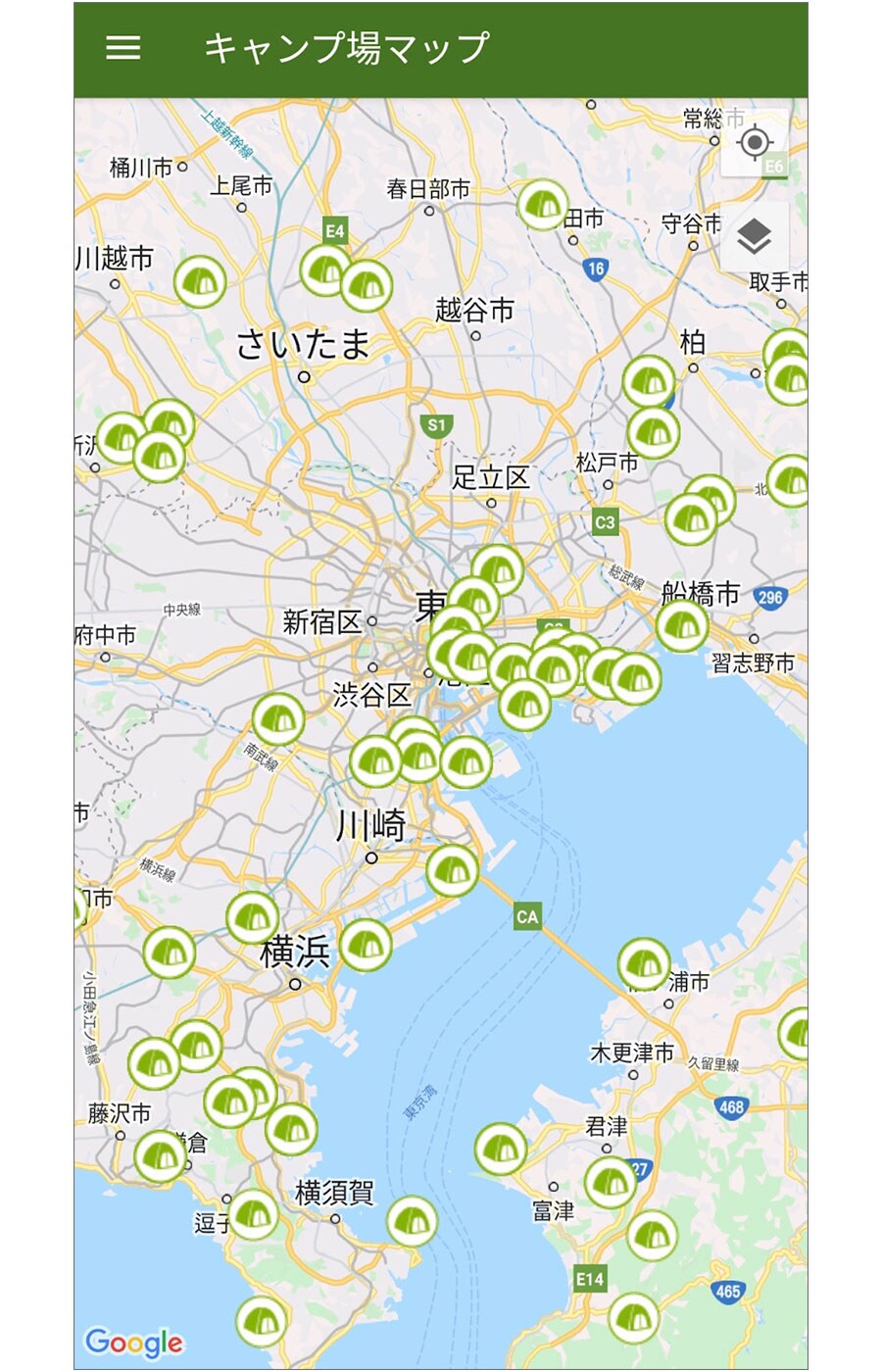 東京都周辺のキャンプ場を表示。画像：キャンプ場マップ・バーベキュー場検索