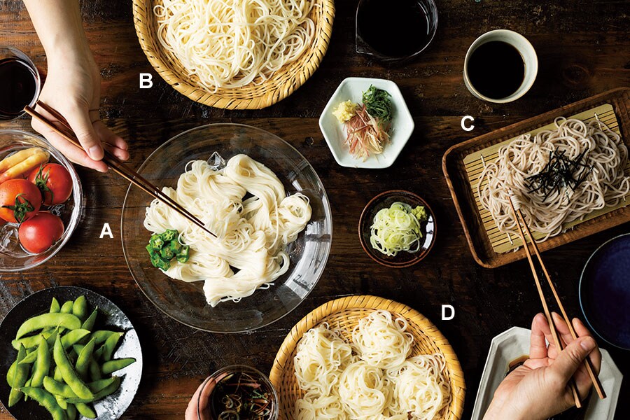 A：南関素麺／ネットショップなんかん、B：手延べひやむぎ／カネスエ製麺所、C：挽きぐるみそば／そば富泉、D：生そうめん／なかぶ庵