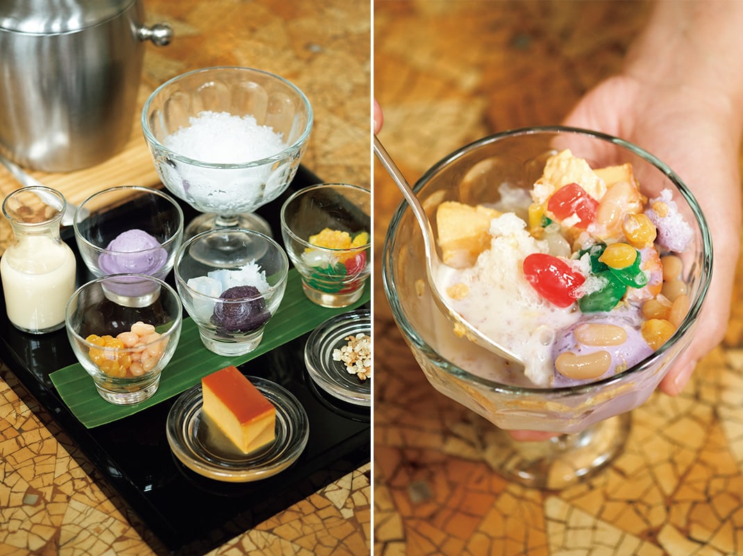 (左)かき氷やフルーツなどを自分でミックスしてハロハロに仕上げるスウィーツ体験も楽しめる。(右)フィリピンを代表するデザート「ハロハロ」をアレンジした“ハロハロハラナ”。