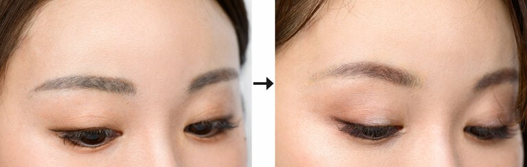 写真左から、BERORE画像、AFTER画像。眉の「のっぺり感」がやわらぎ、立体的な眉に。