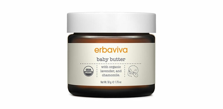 肌、ボディ、髪に潤いを与えるバーム。食品基準のオーガニック認証（USDA）を取得。ラベンダーとカモミールの香りにも癒される。エルバビーバ ベビーバター 50g 3,190円／BCL（秋に数量限定で販売）