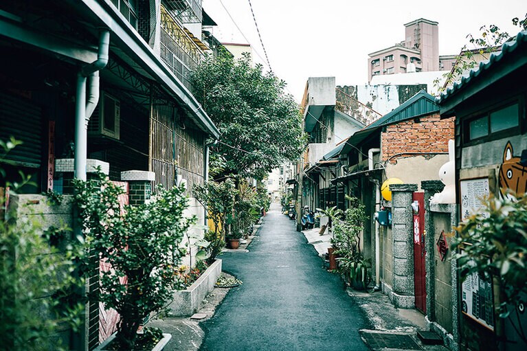 緑の多い嘉義らしい、ギッシリ植木鉢が並ぶ小径。