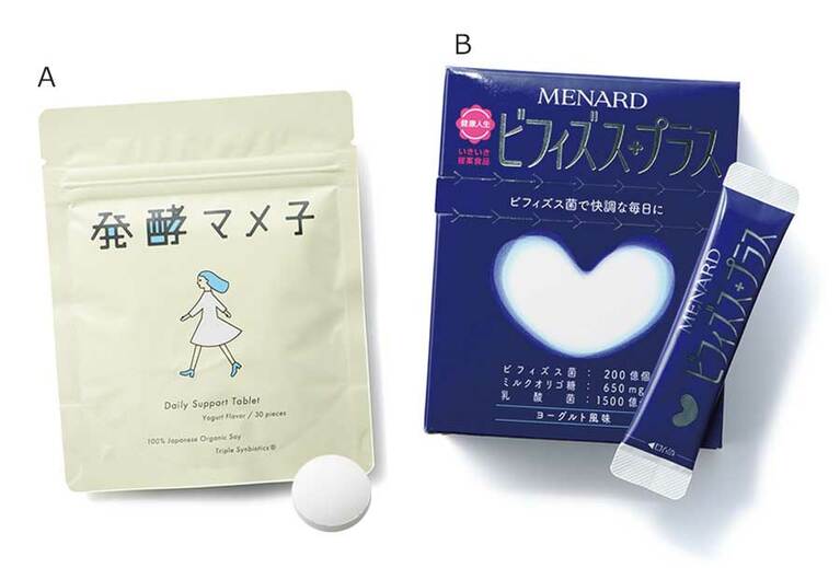 【腸活】A：発酵マメ子 30粒 2,709円／フローラプラス、B：ビフィズスプラス 30包 6,000円／メナード