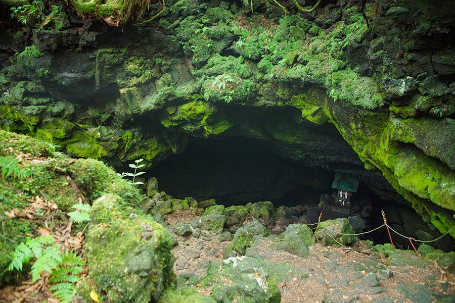 竜宮洞穴の入口近くに見える小さな社が「剗海神社」。何とも神秘的な雰囲気。