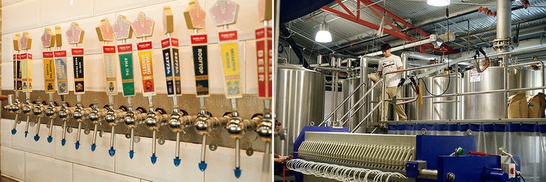 左：店内には15種類前後のタップが備えられ、フレッシュなクラフトビールが楽しめる。右：醸造設備がガラス越しに眺められる。