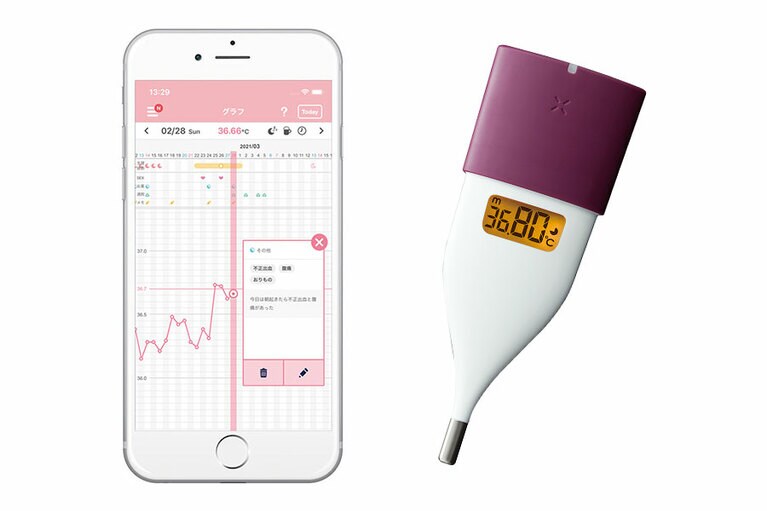 左：「ルナルナ 体温ノート」
右：平均10秒のスピード検温。婦人用電子体温計 MC-652LC 4,158円(編集部調べ)／オムロン