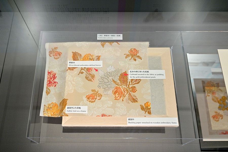 「泥紙」と呼ばれる補強材を使用した刺繍部分の修復についても、詳しい解説とともに見本を展示。