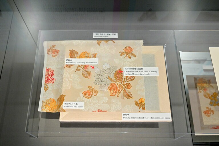 「泥紙」と呼ばれる補強材を使用した刺繍部分の修復についても、詳しい解説とともに見本を展示。