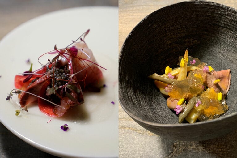 左：花で飾られた寒ブリと紅大根のマリネには、自家製のチョウザメキャビアがほどよい塩味を加えている。右：月の輪熊の赤身スライスには、熊のジュレとウニ、山菜のゼンマイとスス竹。さっぱりとした赤身にウニとジュレが濃厚さをプラスして絶妙に調和している。