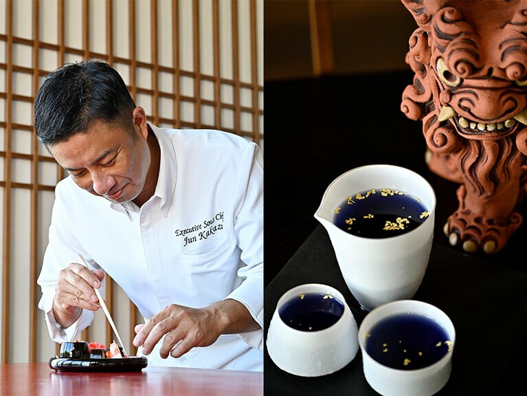 写真左：琉球料理伝承人、泡盛マイスターである嘉数(かかず)順シェフ。
写真右：“琉球和会席”では、食前・食後にオリジナルカクテルも。写真は泡盛をベースに、美食の余韻を華やかに彩る食後酒 “よんなー”。