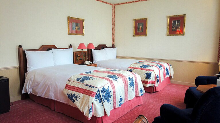 ローズピンクを基調とした客室。