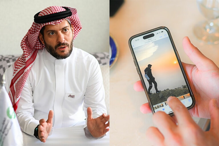 バイク旅行で訪れたジャザンについて語るアルダッバグ氏。「広がる雲海の向こうに太陽が。感動しました」。