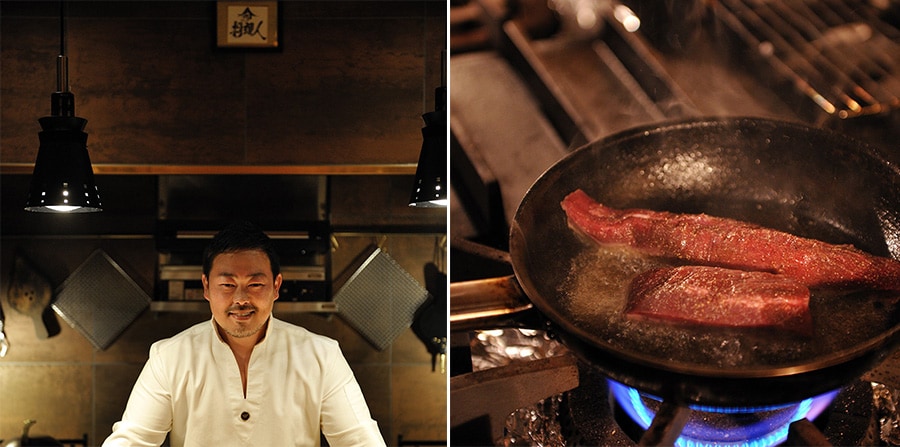 左：オープンキッチンに立つ「ELEZO」代表の佐々木章太さん。右：細心の注意が必要な蝦夷鹿の火入れ。美しい色合いからも肉の上質さが分かります。
