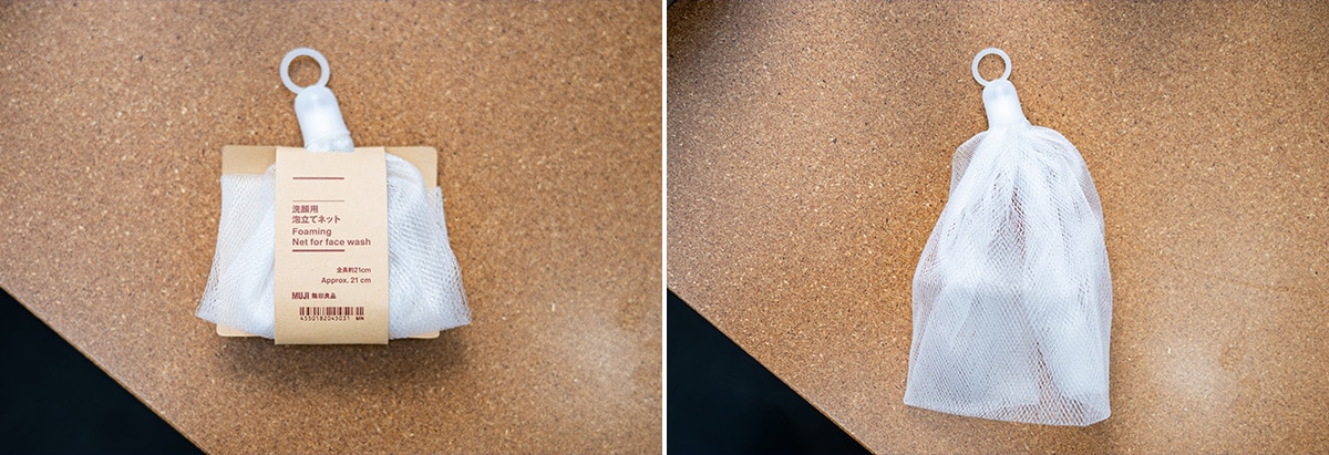 洗顔用泡立てネット 全長約21cm 99円。