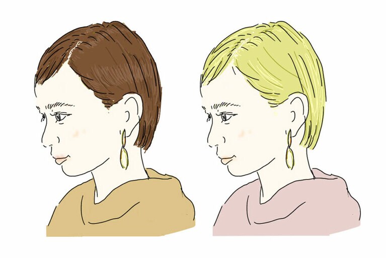 ダメージを負った髪は、髪色が明るくなります。そのため、人は無意識に「髪が明るい＝ダメージ毛」と認識しています。これを逆手にとって、ヘアカラーを暗めの色で落ち着かせると、ダメージ毛を「傷んでいないように見せる」ことができます。