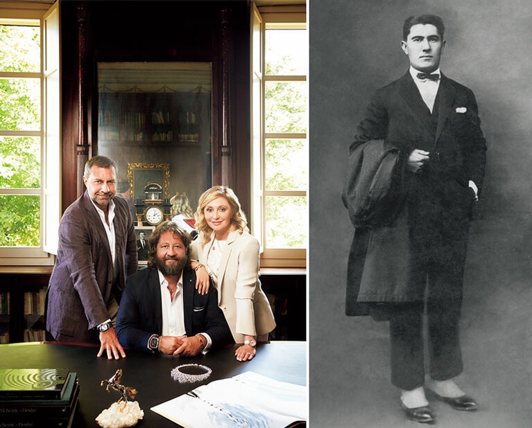 左：3代目は右から、コミュニケーション担当の長女シルヴィア、経営を担当する長男グィド、デザインと製造部門を担う次男ジョルジョ。右：創業者エンリコ・ダミアーニ。卓越した金細工師として知られた。