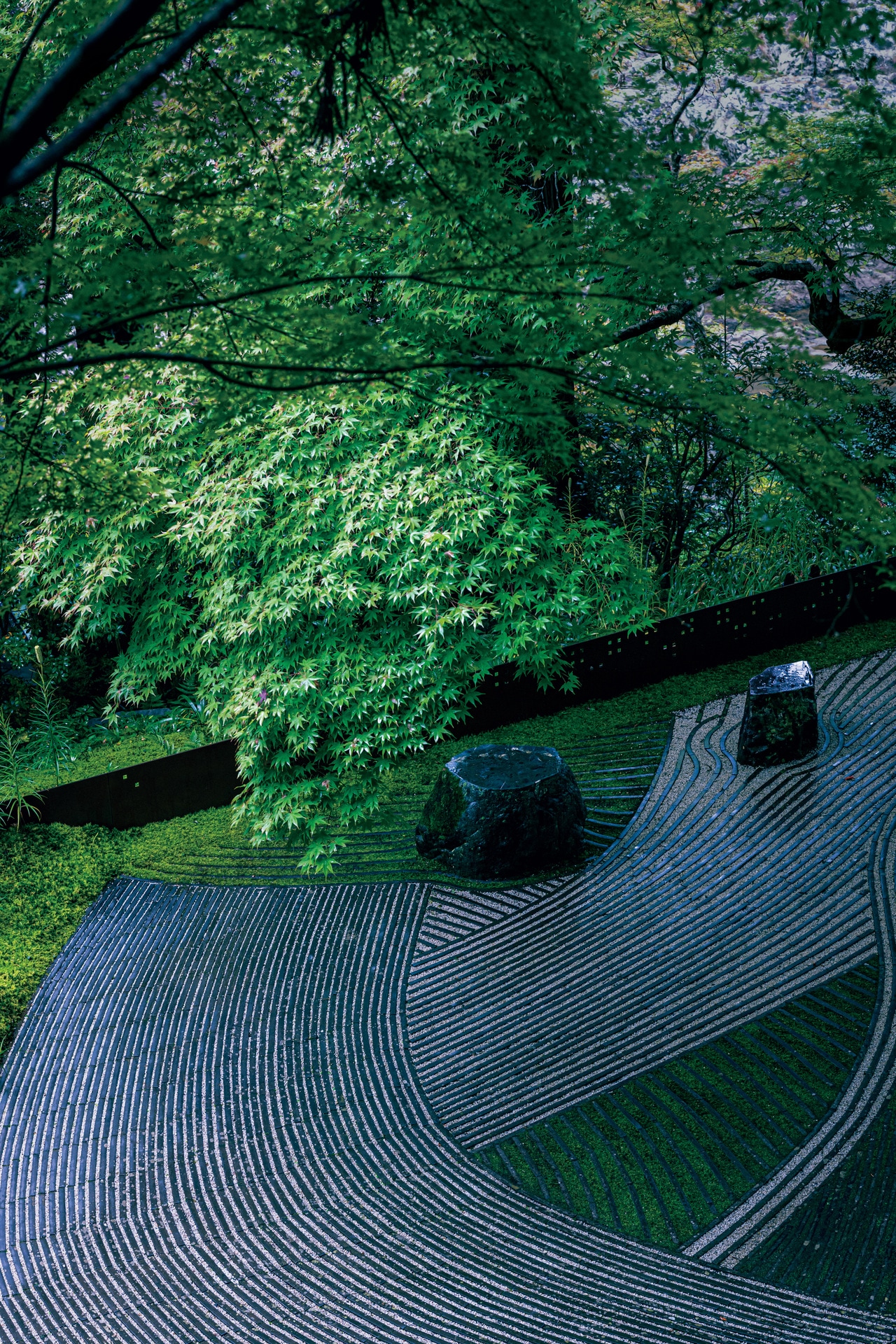 嵐山の自然と一体化した「奥の庭」。樹齢400年のオオモミジの枝ぶりと枯山水の砂紋が美しい。