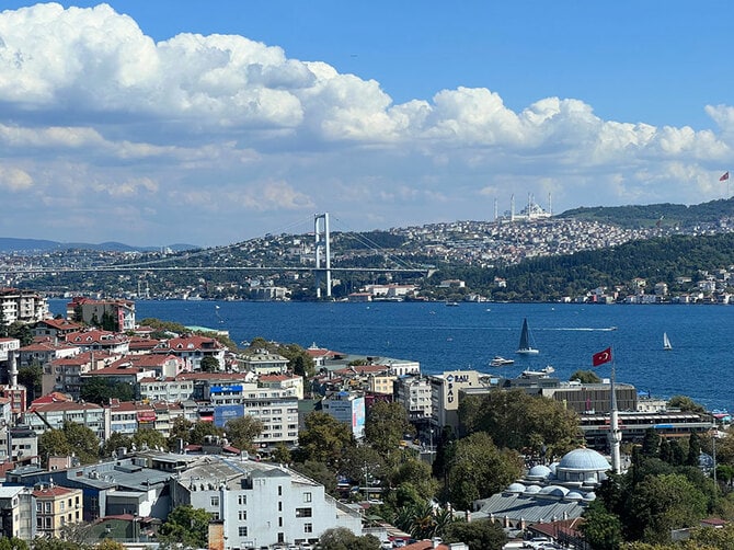 バーからの眺望。海峡を行き交う船や、アジアサイドの家並み、遠くのモスクなどを望むことができる。