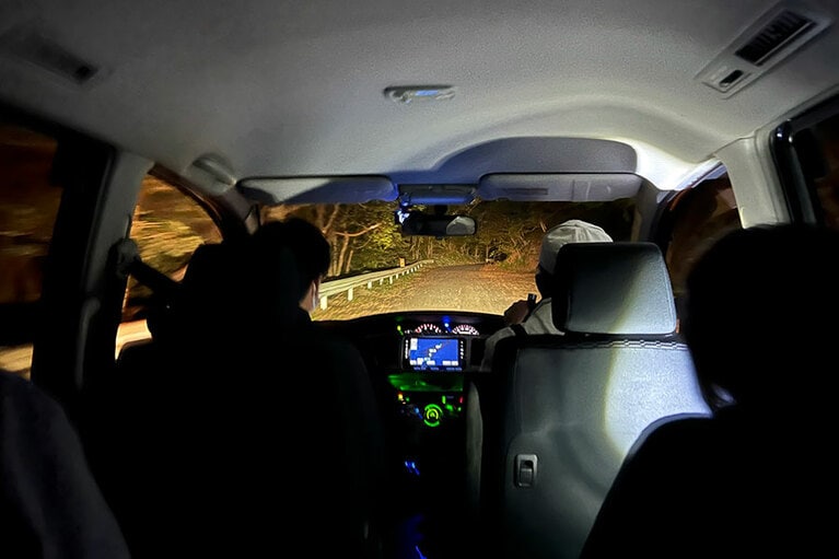 ガイドさんの運転で森の中へ。ロードキル（野生動物の自動車事故）を起こさないよう、速度は時速10キロ以下。