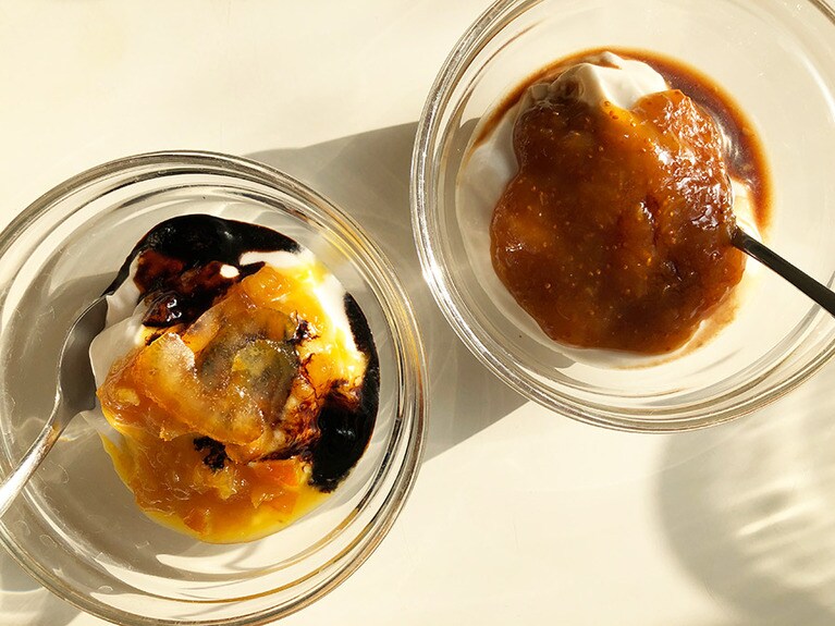 左はレモンジャムとタマリンドに先日行ったアテネでゲットしたベルガモットの甘露煮を。右はいちじくのジャムとバルサミコ酢。