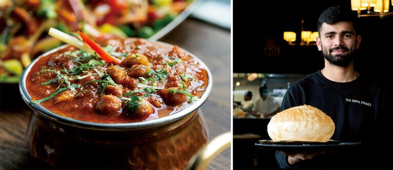 揚げパンとヒヨコ豆のカレー“チャーナ・バトゥーレー”£10.50。