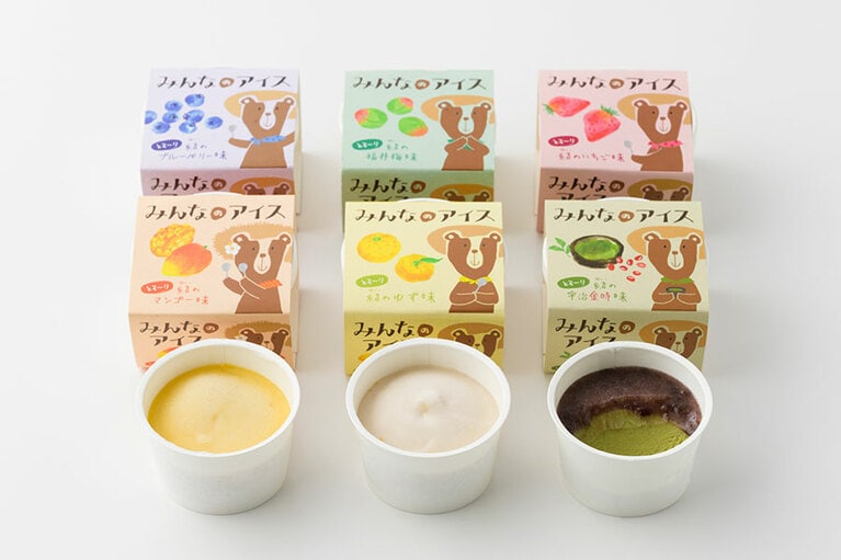 SFV生産農場「みんなのアイス」3,000円（60ml×6個入り）。左上から時計回りに：ブルーベリー、福井梅、いちご、宇治金時、ゆず、マンゴー／福井県