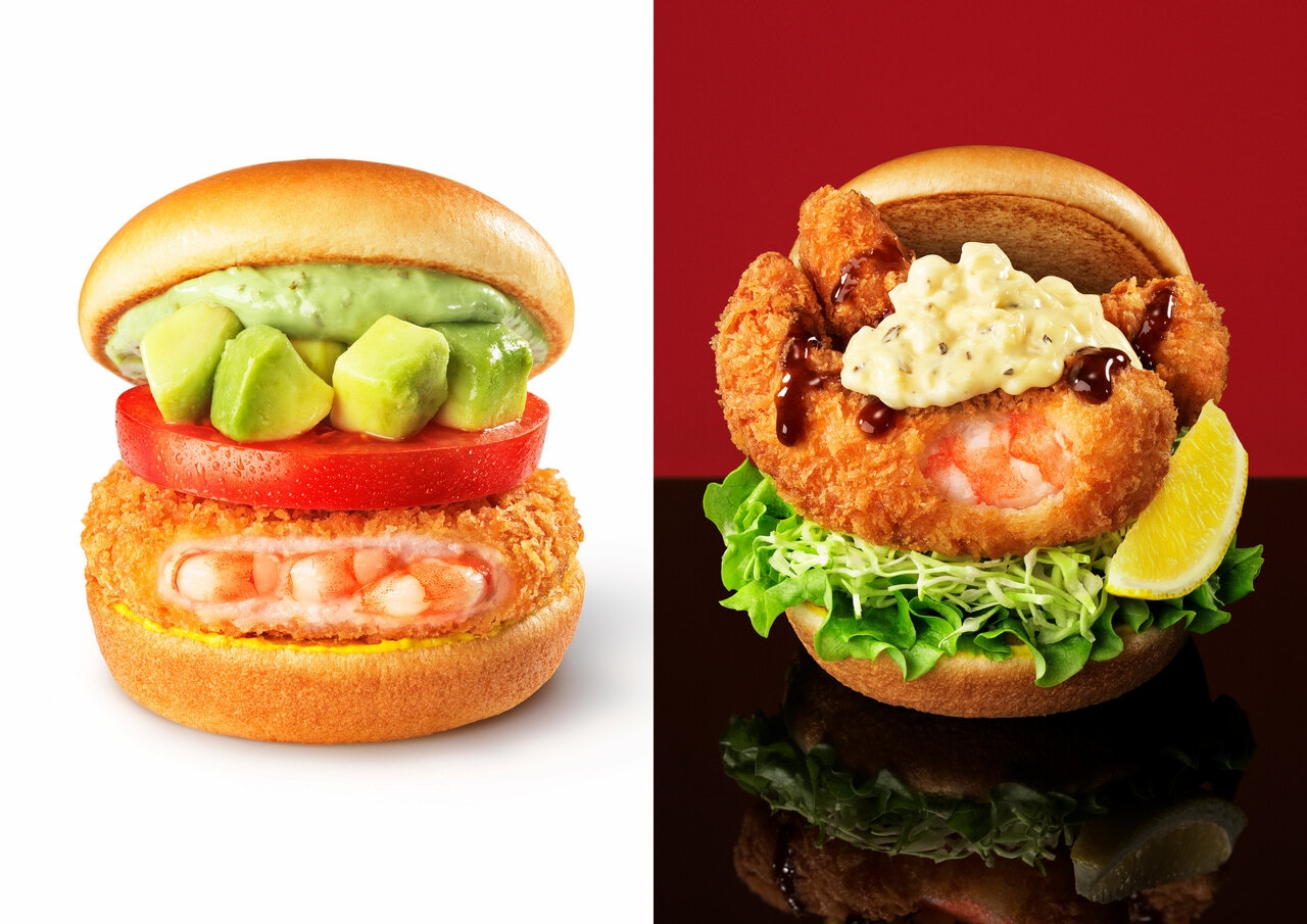 今年の海老祭りでは「アボカド海老カツバーガー ～国産バジルマヨ～」と「『モスの匠味』海老エビフライバーガー ～くし切りレモン添え～」を展開。