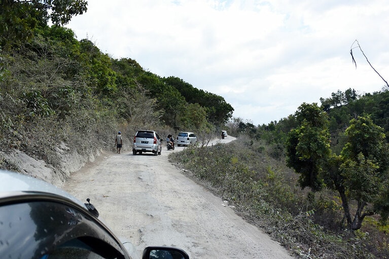 右側は崖ながら、ガードレールはなし。この狭い道をミニバンがすれ違うこと、たびたび。