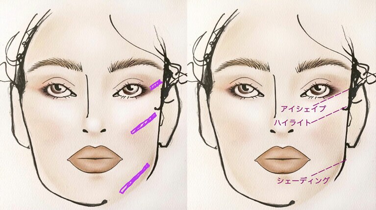 紫色で示した3つのラインを平行にするとキレイに！(チークやアイシャドウも合わせて考える)。