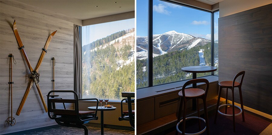 写真左：ゲレンデを一望する「スキーヤーズスイートルーム」など、楽しい一室も。写真右：スタイリッシュな空間で絶景を満喫できる「デザインスイートツインルーム」。